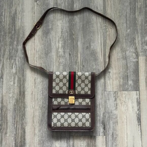 Vintage Gucci Shoulder Bag Satchel Pochette GG Pattern Sherry Line - Picture 1 of 13